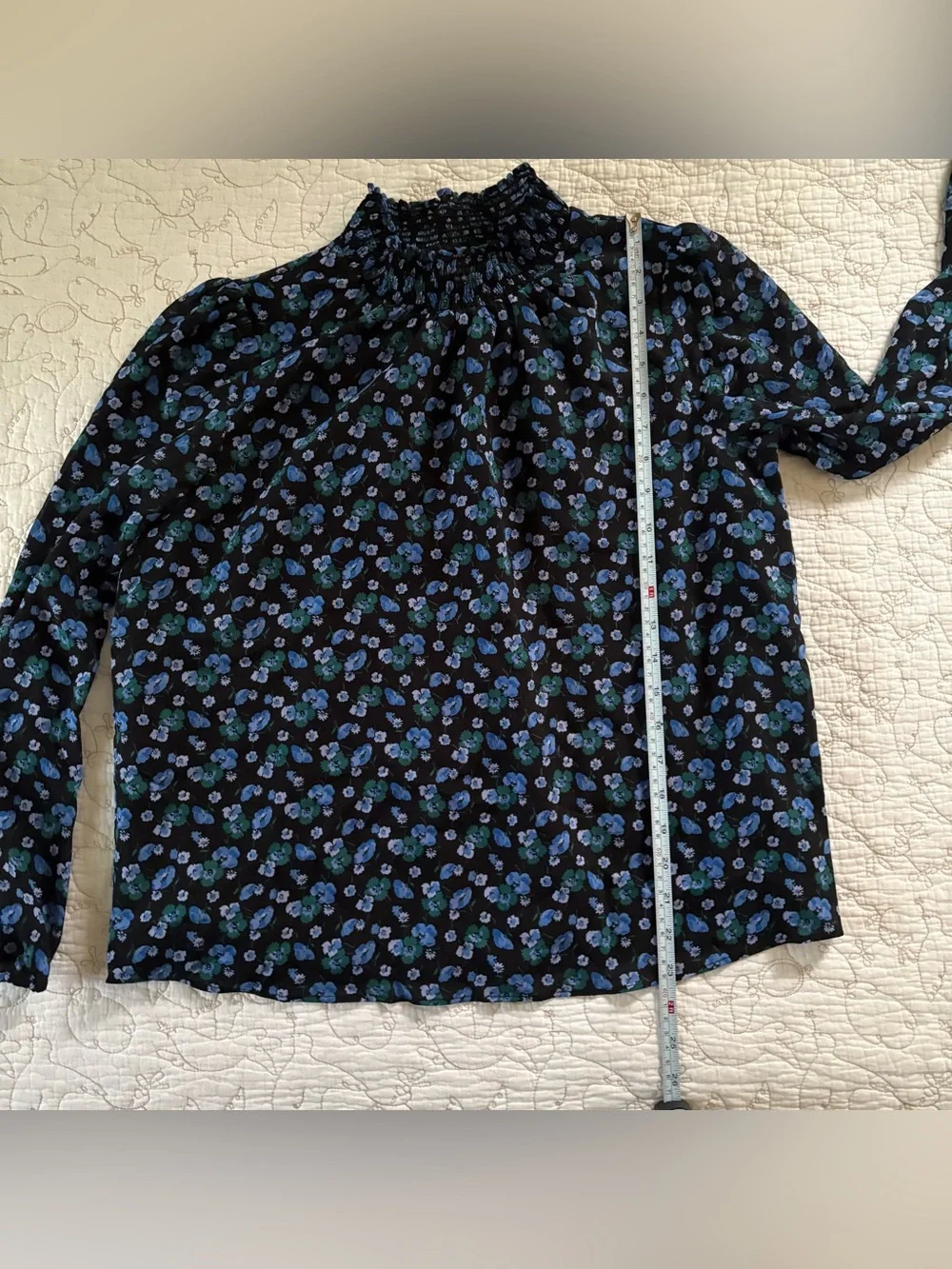 J. Crew Black Mock Neck Blouse with Blue and Green Floral Print